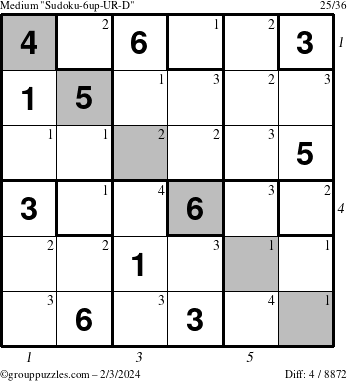 The grouppuzzles.com Medium Sudoku-6up-UR-D puzzle for Saturday February 3, 2024 with all 4 steps marked