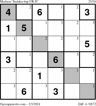 The grouppuzzles.com Medium Sudoku-6up-UR-D puzzle for Saturday February 3, 2024 with the first 3 steps marked