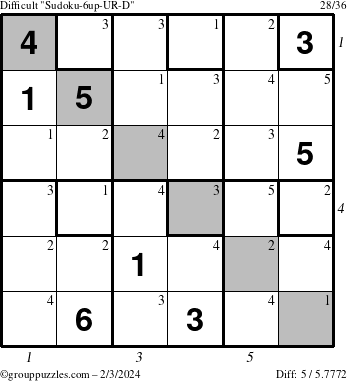 The grouppuzzles.com Difficult Sudoku-6up-UR-D puzzle for Saturday February 3, 2024 with all 5 steps marked