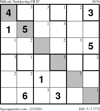 The grouppuzzles.com Difficult Sudoku-6up-UR-D puzzle for Saturday February 3, 2024 with the first 3 steps marked