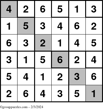 The grouppuzzles.com Answer grid for the Sudoku-6up-UR-D puzzle for Saturday February 3, 2024