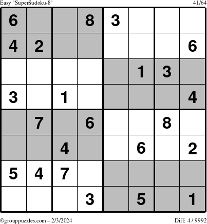 The grouppuzzles.com Easy SuperSudoku-8 puzzle for Saturday February 3, 2024