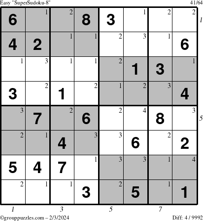 The grouppuzzles.com Easy SuperSudoku-8 puzzle for Saturday February 3, 2024 with all 4 steps marked