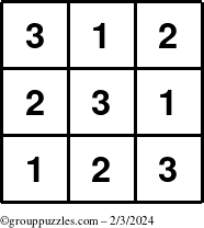The grouppuzzles.com Answer grid for the TicTac-123 puzzle for Saturday February 3, 2024