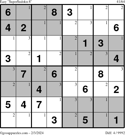 The grouppuzzles.com Easy SuperSudoku-8 puzzle for Saturday February 3, 2024 with the first 3 steps marked