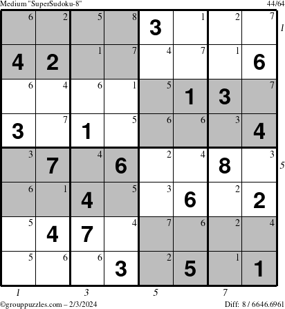 The grouppuzzles.com Medium SuperSudoku-8 puzzle for Saturday February 3, 2024 with all 8 steps marked