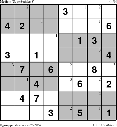 The grouppuzzles.com Medium SuperSudoku-8 puzzle for Saturday February 3, 2024 with the first 3 steps marked