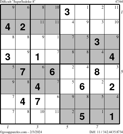 The grouppuzzles.com Difficult SuperSudoku-8 puzzle for Saturday February 3, 2024 with all 11 steps marked