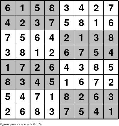 The grouppuzzles.com Answer grid for the SuperSudoku-8 puzzle for Saturday February 3, 2024