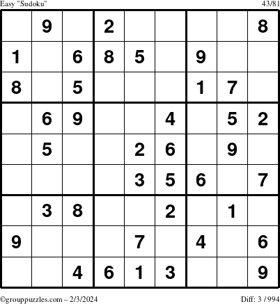 The grouppuzzles.com Easy Sudoku puzzle for Saturday February 3, 2024