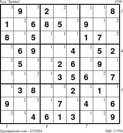 The grouppuzzles.com Easy Sudoku puzzle for Saturday February 3, 2024 with all 3 steps marked