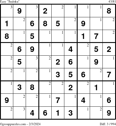 The grouppuzzles.com Easy Sudoku puzzle for Saturday February 3, 2024 with the first 3 steps marked