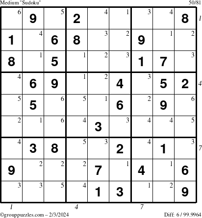 The grouppuzzles.com Medium Sudoku puzzle for Saturday February 3, 2024 with all 6 steps marked