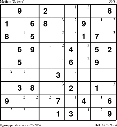 The grouppuzzles.com Medium Sudoku puzzle for Saturday February 3, 2024 with the first 3 steps marked