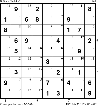 The grouppuzzles.com Difficult Sudoku puzzle for Saturday February 3, 2024 with all 14 steps marked