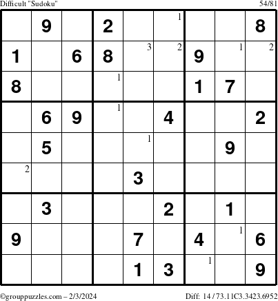 The grouppuzzles.com Difficult Sudoku puzzle for Saturday February 3, 2024 with the first 3 steps marked