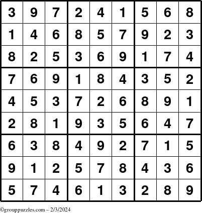 The grouppuzzles.com Answer grid for the Sudoku puzzle for Saturday February 3, 2024