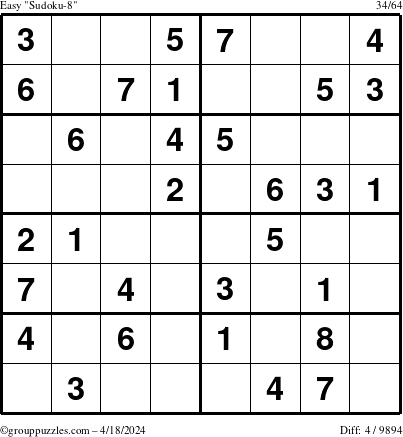 The grouppuzzles.com Easy Sudoku-8 puzzle for Thursday April 18, 2024
