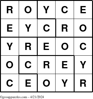 The grouppuzzles.com Answer grid for the Royce puzzle for Sunday April 21, 2024
