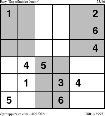 The grouppuzzles.com Easy SuperSudoku-Junior puzzle for Sunday April 21, 2024