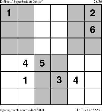 The grouppuzzles.com Difficult SuperSudoku-Junior puzzle for Sunday April 21, 2024