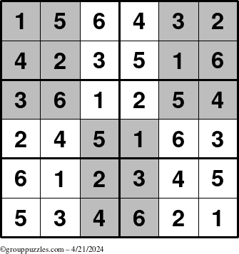 The grouppuzzles.com Answer grid for the SuperSudoku-Junior puzzle for Sunday April 21, 2024