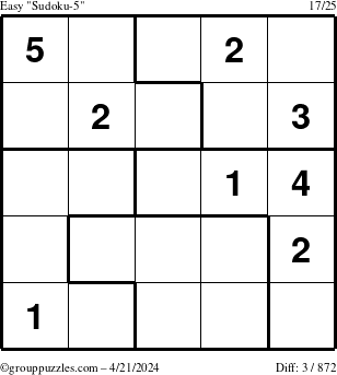 The grouppuzzles.com Easy Sudoku-5 puzzle for Sunday April 21, 2024