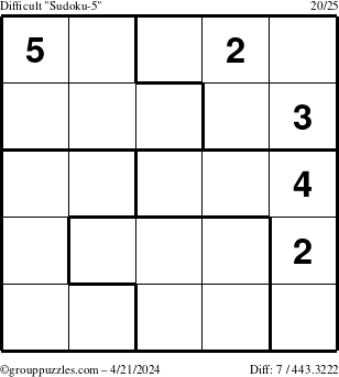 The grouppuzzles.com Difficult Sudoku-5 puzzle for Sunday April 21, 2024