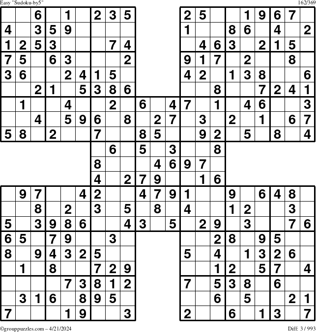 The grouppuzzles.com Easy Sudoku-by5 puzzle for Sunday April 21, 2024