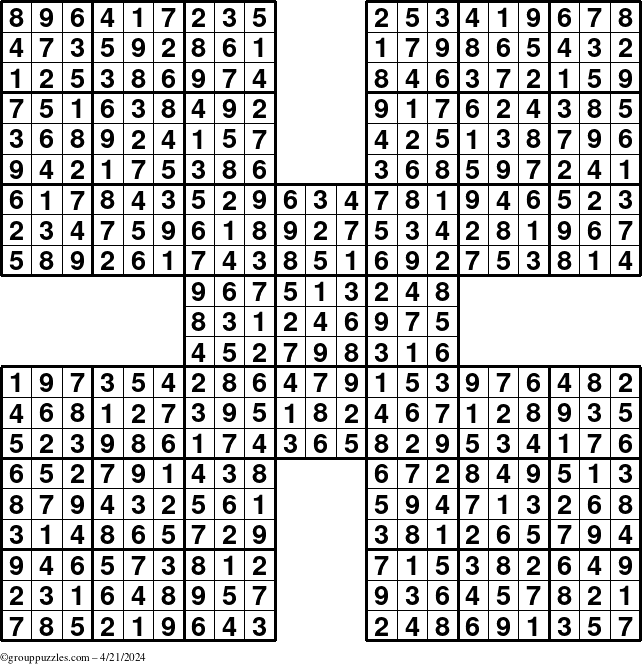 The grouppuzzles.com Answer grid for the Sudoku-by5 puzzle for Sunday April 21, 2024