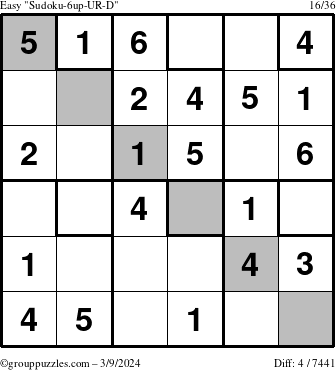 The grouppuzzles.com Easy Sudoku-6up-UR-D puzzle for Saturday March 9, 2024