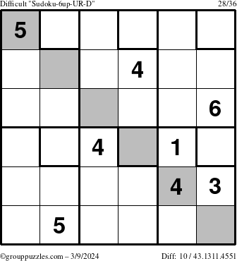 The grouppuzzles.com Difficult Sudoku-6up-UR-D puzzle for Saturday March 9, 2024