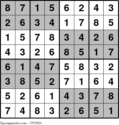 The grouppuzzles.com Answer grid for the SuperSudoku-8 puzzle for Saturday March 9, 2024