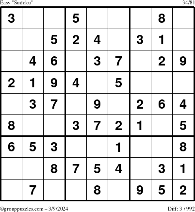 The grouppuzzles.com Easy Sudoku puzzle for Saturday March 9, 2024