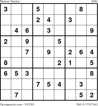 The grouppuzzles.com Medium Sudoku puzzle for Saturday March 9, 2024