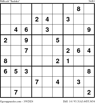 The grouppuzzles.com Difficult Sudoku puzzle for Saturday March 9, 2024