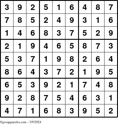 The grouppuzzles.com Answer grid for the Sudoku puzzle for Saturday March 9, 2024