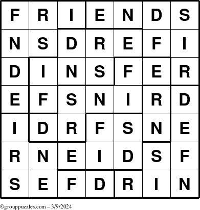 The grouppuzzles.com Answer grid for the Friends puzzle for Saturday March 9, 2024