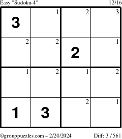 The grouppuzzles.com Easy Sudoku-4 puzzle for Tuesday February 20, 2024 with the first 3 steps marked