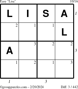 The grouppuzzles.com Easy Lisa puzzle for Tuesday February 20, 2024 with all 3 steps marked