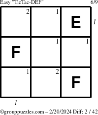 The grouppuzzles.com Easy TicTac-DEF puzzle for Tuesday February 20, 2024 with all 2 steps marked