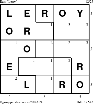 The grouppuzzles.com Easy Leroy puzzle for Tuesday February 20, 2024 with all 3 steps marked