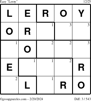 The grouppuzzles.com Easy Leroy puzzle for Tuesday February 20, 2024 with the first 3 steps marked