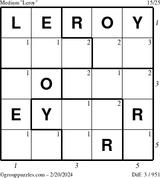 The grouppuzzles.com Medium Leroy puzzle for Tuesday February 20, 2024 with all 3 steps marked