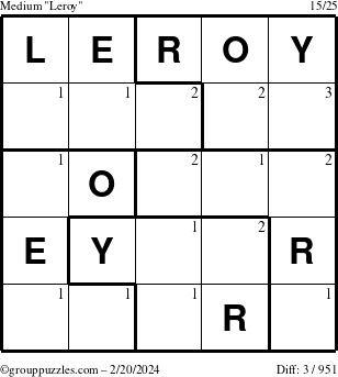 The grouppuzzles.com Medium Leroy puzzle for Tuesday February 20, 2024 with the first 3 steps marked