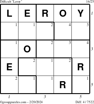 The grouppuzzles.com Difficult Leroy puzzle for Tuesday February 20, 2024 with all 4 steps marked