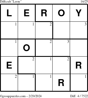 The grouppuzzles.com Difficult Leroy puzzle for Tuesday February 20, 2024 with the first 3 steps marked