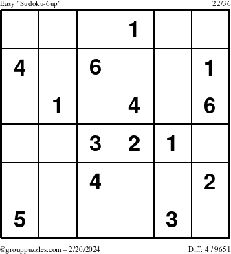 The grouppuzzles.com Easy Sudoku-6up puzzle for Tuesday February 20, 2024