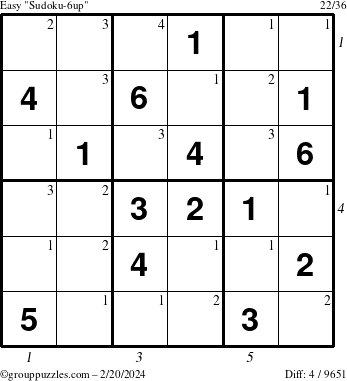 The grouppuzzles.com Easy Sudoku-6up puzzle for Tuesday February 20, 2024 with all 4 steps marked