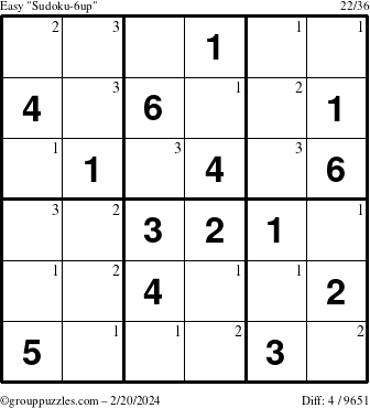 The grouppuzzles.com Easy Sudoku-6up puzzle for Tuesday February 20, 2024 with the first 3 steps marked